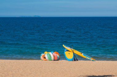 Boş yüzme çemberleri ve bir sörf tahtası denizin arka planında kumsalda uzanır.