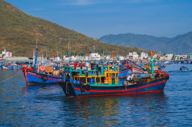 Vietnam 'daki Nha Trang nehrindeki Vinh Truong balıkçı limanında Vietnamlı balıkçı tekneleri, gemiler ve gemiler. Nha Trang, Vietnam - 8 Eylül 2024