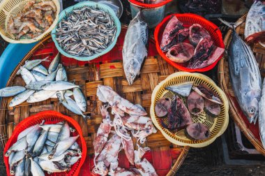 Vietnam 'da Asya' daki balık pazarında tezgahın üzerinde çeşitli deniz ürünleri ve deniz ürünleri var.