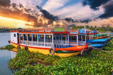 Vietnam 'ın Hoi An kentindeki Thu bon nehrinde geleneksel Vietnam tekneleri