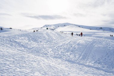 İnsanlar doğada rahatlar ve kış tatillerinde borularda yokuş aşağı giderler. Şymkent, Kazakistan - 27 Ocak 2024