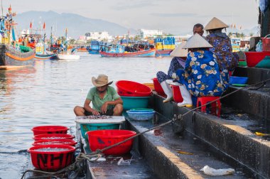 Vietnamlı kadınlar limanın basamaklarında oturup taze balık satıyorlar. Vietnam, Nha Trang - 8 Eylül 2024.