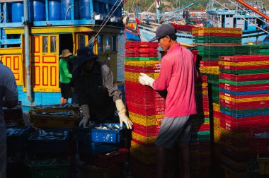 Vietnamlı işçiler balık pazarında çalışıyor. Sabahleyin, bu insanlar taze balık kutularını boşaltıyorlardı. Vietnam, Nha Trang - 8 Eylül 2024
