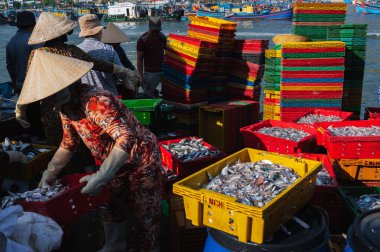 Vietnamlı satıcılar balık pazarında taze deniz balığı satıyorlar. Vietnam, Nha Trang - 8 Eylül 2024