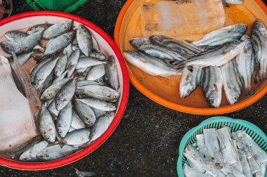 Vietnam 'daki Asya sokak pazarında taze balık.