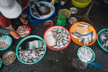 Vietnam 'daki Asya Deniz Ürünleri Sokağı Marketinde taze balık ve karides.