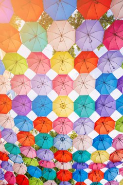 Özbekistan 'ın Taşkent kentindeki Magic City Park' taki festival caddesinde çok renkli parlak şemsiyeler.