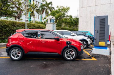 Vietnam 'daki bir şarj istasyonunda modern Vietnam Vinfast elektrikli arabaları. Nha Trang, Vietnam - 01 Nisan 2025