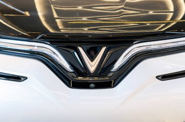 Modern Vietnamlı Vinfast VF8 elektrikli arabasının kaputundaki vinfast logosu yakın plan otomobil sergisinde. Nha Trang, Vietnam - 01 Nisan 2025