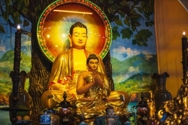 Da Nang 'ın mermer dağlarında bir tapınakta altın bir Buda sunağı.