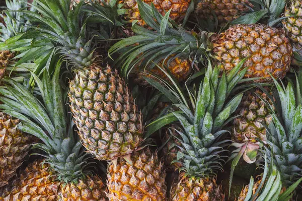 Egzotik ananaslı bir arka plan. Market tezgahında olgun tropikal meyveler