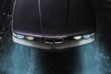 Araba şehrin etrafında yüksek hızda gidiyor. Araba tekerlekleri ve lastikleri. Araba şehir dışında yoldaymış. Sıra dışı sürüş