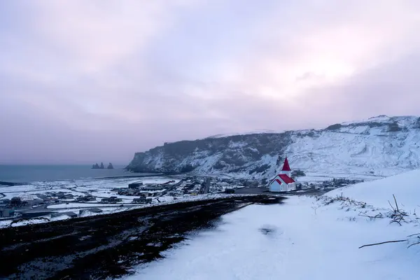 Вид Исландский Город Вик После Снегопада Закате — стоковое фото