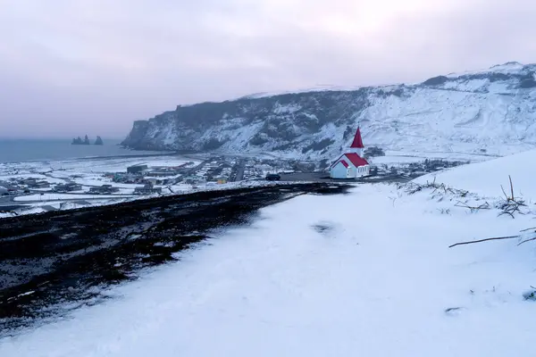 View Icelandic Town Vik Snowfall Sunset Royalty Free Stock Images