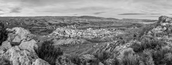 Stock image Ultra Panoramic Black and White View of Oliete Village and Surrounding Mountains