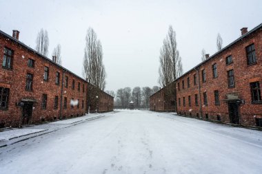 Auschwitz, karlı bir kış gününde arka planda gözetleme kulesi olan Polonya 'da kışlada.