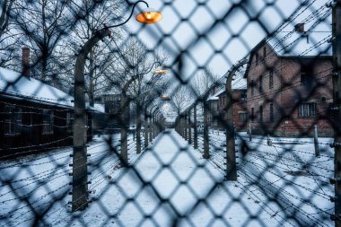 Polonya 'da, Auschwitz çitlerinde parlak sokak lambalarıyla karlı bir akşam.