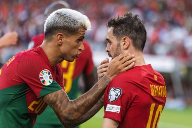 Bernardo Silva ve Joao Cancelo, Portekiz 'in Lizbon kenti Estadio Da Luz' da milli takımlar arasında oynanan UEFA Euro 2024 ön eleme maçında attıkları golü kutluyorlar. (Maciej Rogowski)