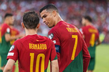 Cristiano Ronaldo, Portekiz ve Bosna-Hersek milli takımları arasında oynanan UEFA Euro 2024 ön eleme maçında Bernardo Silva ile birlikte Estadio Da Luz, Lizbon, Portekiz 'de kutluyor. (Maciej Rogowski)