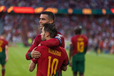 Cristiano Ronaldo, Portekiz ve Bosna-Hersek milli takımları arasında oynanan UEFA Euro 2024 ön eleme maçında Bernardo Silva ile birlikte Estadio Da Luz, Lizbon, Portekiz 'de kutluyor. (Maciej Rogowski)