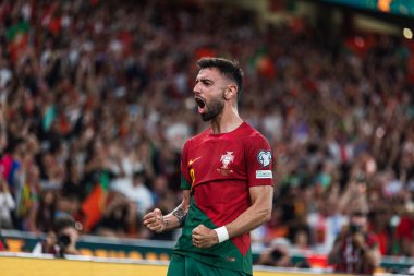 Bruno Fernandes, Portekiz ve Bosna-Hersek milli takımları arasında oynanan UEFA Euro 2024 ön eleme maçında Portekiz 'in Lizbon kenti Estadio Da Luz' da gol attıktan sonra bunu kutluyor. (Maciej Rogowski)