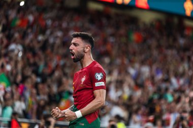 Bruno Fernandes, Portekiz ve Bosna-Hersek milli takımları arasında oynanan UEFA Euro 2024 ön eleme maçında Portekiz 'in Lizbon kenti Estadio Da Luz' da gol attıktan sonra bunu kutluyor. (Maciej Rogowski)