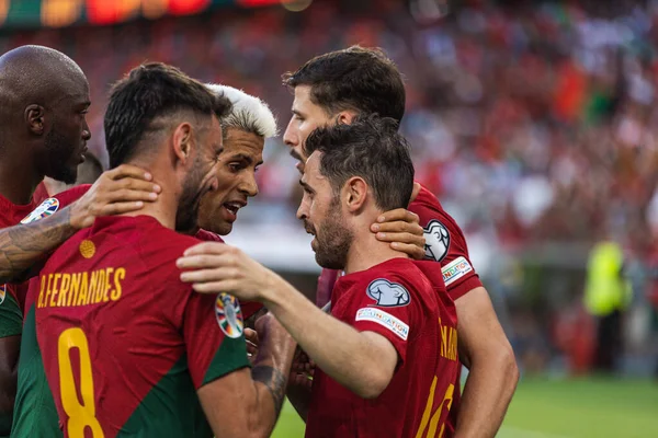 Portugisiska Laget Firar Efter Mål Gjorda Bernardo Silva Uefa Euro — Stockfoto
