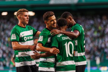 Marcus Edwards celebrating after scored goal during  Friendly game during Trofeu Cinco Violinos between Sporting CP and Villarreal CF at Estadio Jose Alvalade, Lisbon, Portugal. (Maciej Rogowski) clipart