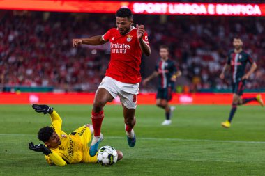 Goncalo Ramos, Portekiz Ligi 2022 / 23 maçında Portekiz 'in Lisboa şehrinde Estadio Da Luz' da SL Benfica ile SC Braga arasında oynanan düelloda Matheus ile düello yaptı. (Maciej Rogowski)
