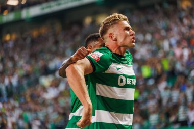 Viktor Gyokeres celebrates after scoring goal during  Liga Portugal 23/24 game between Sporting CP and  FC Vizela at Estadio Jose Alvalade, Lisbon, Portugal. (Maciej Rogowski) clipart