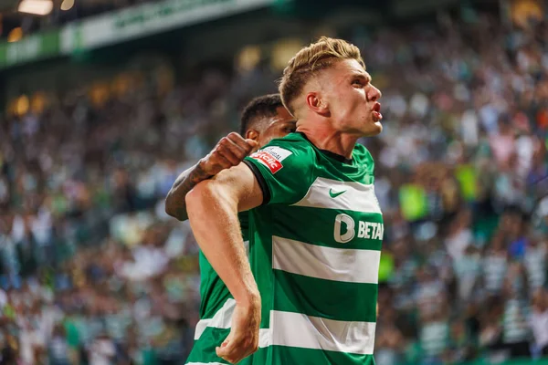 Nuno Santos of Sporting CP celebrates a goal during the Liga Portugal Bwin  match between Sporting CP and Paços de Ferreira at Estadio Jose  Alvalade.(Final score: Sporting CP 3:0 FC Paços de