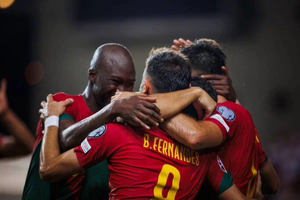 stock image Players of Portugal celebrate after second goal from Goncalo Inacio  during UEFA Euro 2024 qualifying  game between national teams of  Portugal and Luxembourg at Estadio Algarve, Faro. (Maciej Rogowski)