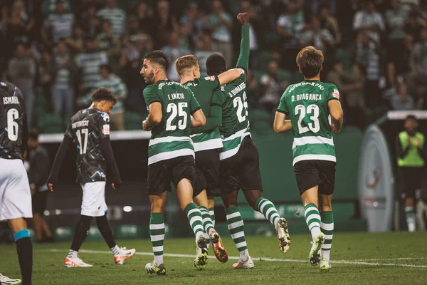 stock image Players celebrate after goal scored by Ousmane Dembele during  Liga Portugal 23/24 game between  Sporting CP and Moreirense FC at Estadio Jose Alvalade, Lisbon, Portugal. (Maciej Rogowski)