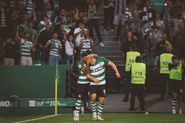 stock image Viktor Gyokeres celebrates after goal with Ricardo Esgaio during  Liga Portugal 23/24 game between  Sporting CP and Moreirense FC at Estadio Jose Alvalade, Lisbon, Portugal. (Maciej Rogowski)