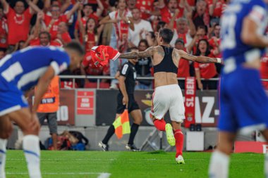 Angel Di Maria, Lizbon 'un Estadio Da Luz kentinde oynanan Liga Portekiz Betclic maçında SL Benfica ile FC Porto arasında 23 / 24' lük bir gol attıktan sonra kutluyor. (Maciej Rogowski)