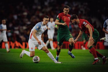 Robert Bozenik, Ruben Dias UEFA Euro 2024 eleme maçında Portekiz ve Slovakya milli takımları arasında Estadio do Dragao, Porto 'da oynandı. (Maciej Rogowski)