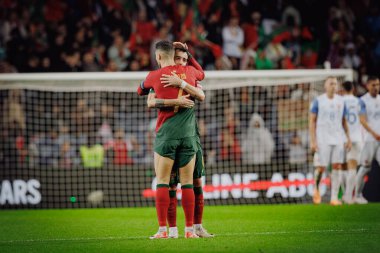 Cristiano Ronaldo, Portekiz ve Slovakya milli takımları arasında oynanan UEFA Euro 2024 ön eleme maçında Bruno Fernandes ile birlikte Estadio do Dragao, Porto 'da kutluyor. (Maciej Rogowski)