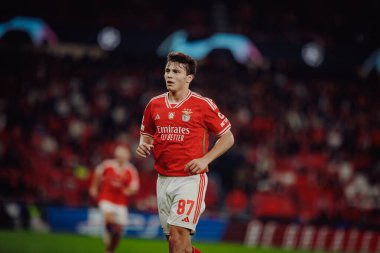 Joao Neves UEFA Şampiyonlar Ligi 'nde SL Benfica ile Real Sociedad arasında oynanan 23 / 24 maçında Estadio Da Luz, Lizbon, Portekiz' de. (Maciej Rogowski)