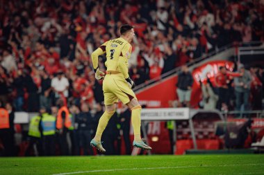 Anatoliy Trubin, Liga Portekiz 'deki SL Benfica ile Portekiz' in Lizbon kenti Estadio Da Luz 'da bulunan Sporting CP arasında oynanan 23 / 24 maçında aldığı VAR kararını kutluyor. (Maciej Rogowski)