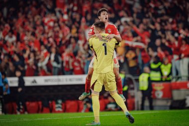 Joao Neves ve Anatoliy Trubin, Liga Portekiz maçında SL Benfica ile Estadio Da Luz, Lizbon, Portekiz 'deki Sporting CP arasında 23 / 24' lük bir kutlama yaptılar. (Maciej Rogowski)