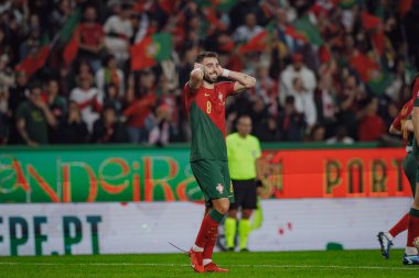 Bruno Fernandes, Portekiz ve İzlanda milli takımları Estadio Jose Alvalade, Lizbon, Portekiz milli takımları arasında oynanan UEFA Euro 2024 ön eleme maçında kendi golünü attıktan sonra kutlar. (Maciej Rogowski)