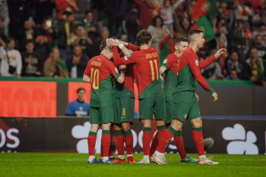 Portekiz 'in oyuncuları, Portekiz ve İzlanda milli takımları Estadio Jose Alvalade, Lizbon, Portekiz milli takımı arasında oynanan UEFA Euro 2024 ön eleme maçında Bruno Fernandes' in attığı golü kutluyorlar. (Maciej Rogowski)