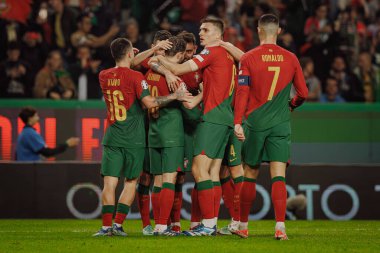 Portekiz 'in oyuncuları, Portekiz ve İzlanda milli takımları Estadio Jose Alvalade, Lizbon, Portekiz milli takımları arasında oynanan UEFA Euro 2024 ön eleme maçında Bruno Fernandes' in gol atmasını kutluyorlar. (Maciej Rogowski)