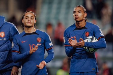 Xavi Simons, Calvin Stengs UEFA Euro 2024 eleme maçında milli takımlar arasında Gibraltar ve Hollanda, Estadio Algarve, Loule, Faro, Portekiz. (Maciej Rogowski)