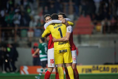 Braga 'nın oyuncuları, Estadio Municipal de Leiria' daki Sporting CP ve Sporting Clube de Braga arasında oynanan ilk yarı final maçı olan Taca Da Liga 23 / 24 (Allianz Cup) maçında kazandığı maçtan (Matheus, Jose Fonte, Paulo Oliveira) sonra kutlama yaptılar.
