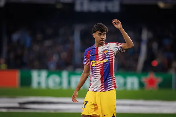 stock image Lamine Yamal during UEFA  Champions League 23/24 game between SSC Napoli and FC Barcelona at Stadio Diego Armando Maradona, Naples, Italy. (Maciej Rogowski)