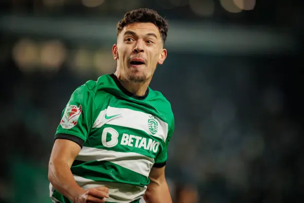 stock image Pedro Goncalves celebrates after scoring goal during Taca de Portugal  23/24 semifinal game between Sporting CP and SL Benfica at Estadio Jose Alvalade, Lisbon, Portugal. (Maciej Rogowski)