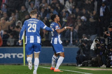 Danny Namaso, Portekiz 'in Porto şehrindeki Estadio Do Dragao' da FC Porto ile SL Benfica arasında oynanan Liga Portekiz maçında gol attıktan sonra bunu kutlar. (Maciej Rogowski)