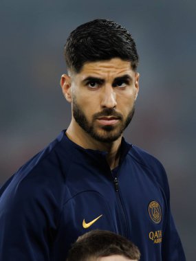 UEFA Şampiyonlar Ligi çeyrek finalinde Marco Asensio Paris Saint-Germain FC ve FC Barcelona arasında Parc des Princes, Paris, Fransa 'da (Maciej Rogowski)