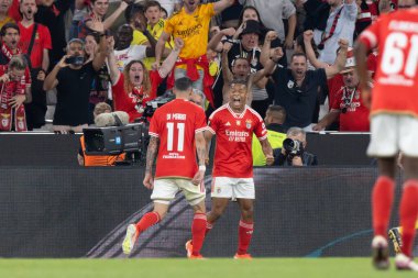Angel Di Maria, SL Benfica ile Olympique de Marseille arasında oynanan UEFA Avrupa Ligi maçında David Neres ile birlikte Estadio Da Luz, Lizbon 'da kutlar. (Maciej Rogowski)